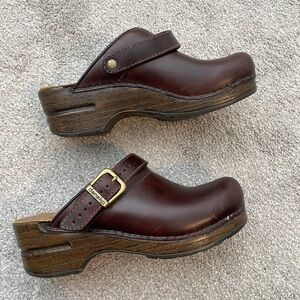 Dansko Dark Brown Leather Clogs with Buckle